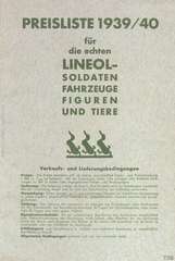 Lineol Preisliste 1939/40 für die echten LINEOL-Soldaten, Fahrzeuge, Figuren und Tiere