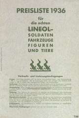 Lineol Preisliste 1936 für die echten LINEOL-Soldaten, Fahrzeuge, Figuren und Tiere