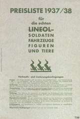 Lineol Preisliste 1937/38 für die echten LINEOL-Soldaten, Fahrzeuge, Figuren und Tiere
