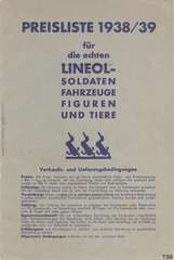 Lineol Preisliste 1938/39 für die echten LINEOL-Soldaten, Fahrzeuge, Figuren und Tiere