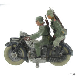 Lineol Soldier on motorcycle, with pillion passenger